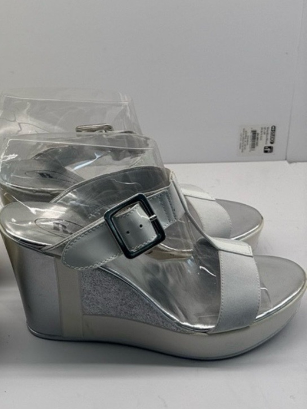 Browns Couture Metallic T-Strap Wedge Sandals with Buckle - Silver/white left